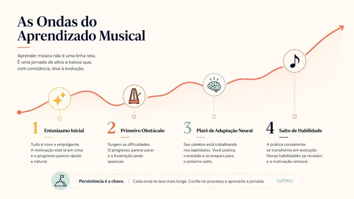 Infográfico ilustrando as ondas do aprendizado musical: entusiasmo inicial, superação de platôs e saltos de evolução prática