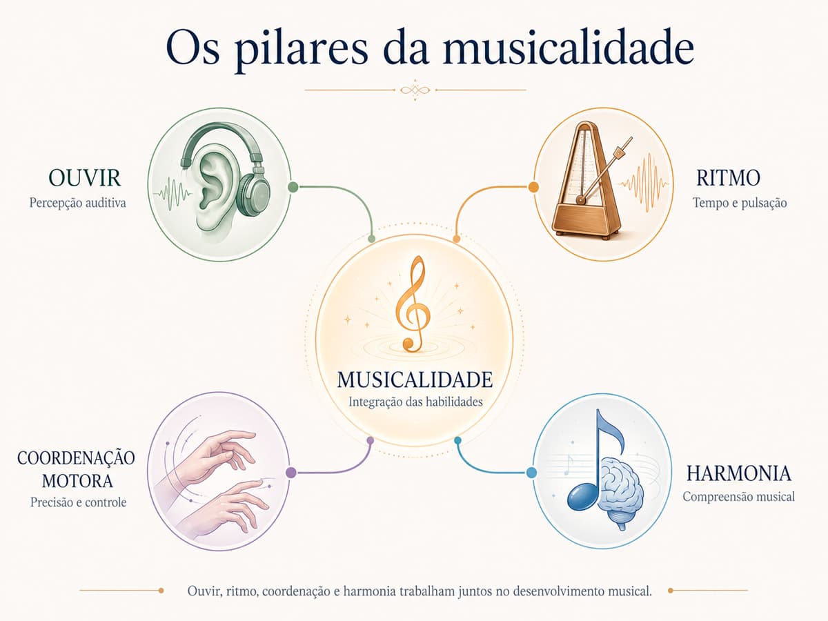 Infográfico dos 4 pilares da musicalidade conectando percepção auditiva, ritmo e métrica, coordenação motora e harmonia