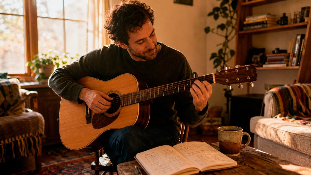 Adulto aprendendo música em ambiente acolhedor e iluminado, praticando violão com foco e curiosidade